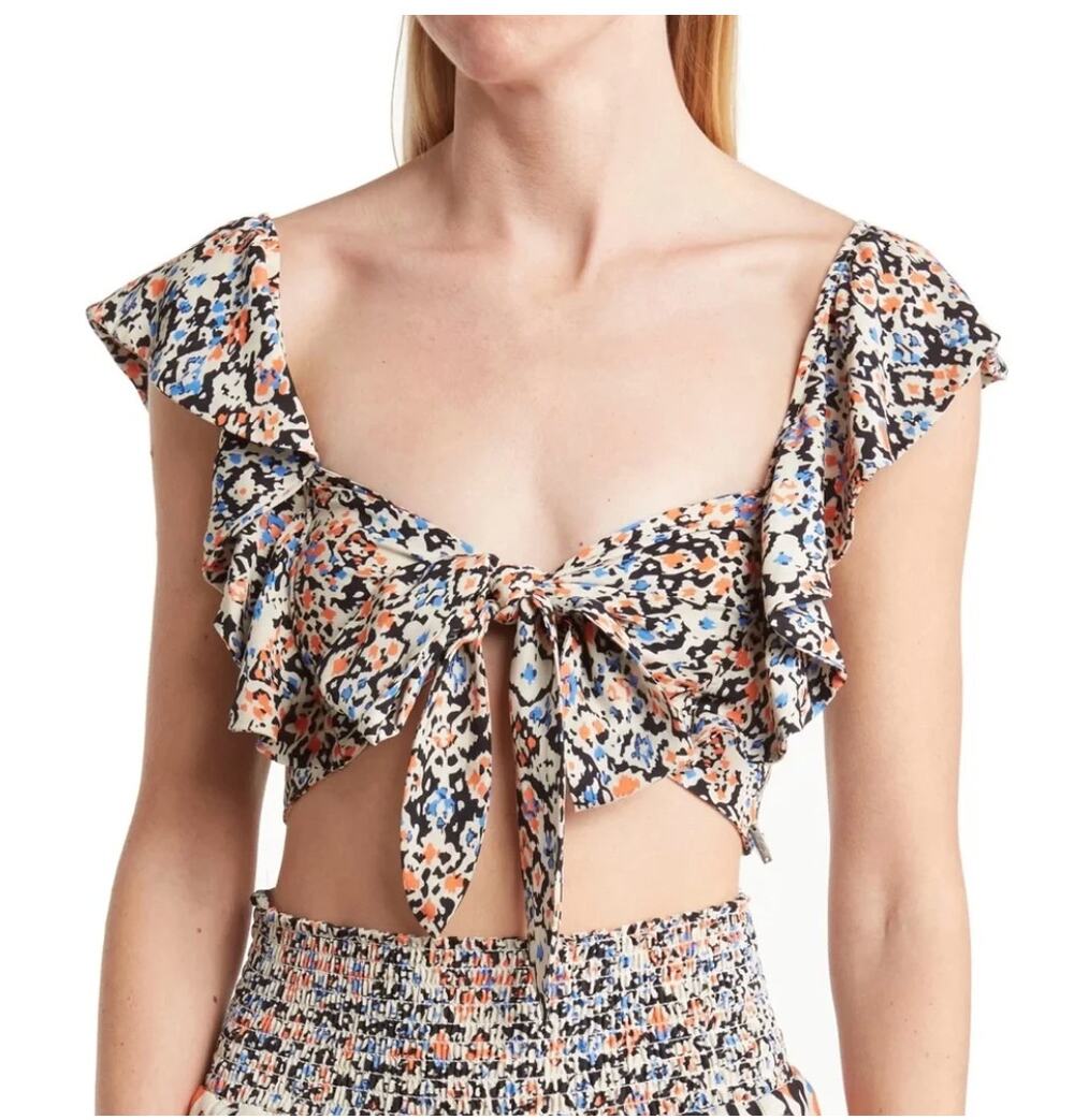 MAAJI Women's Glowy Flutter Sleeve Smocked Crop Top Large Multi NWOT